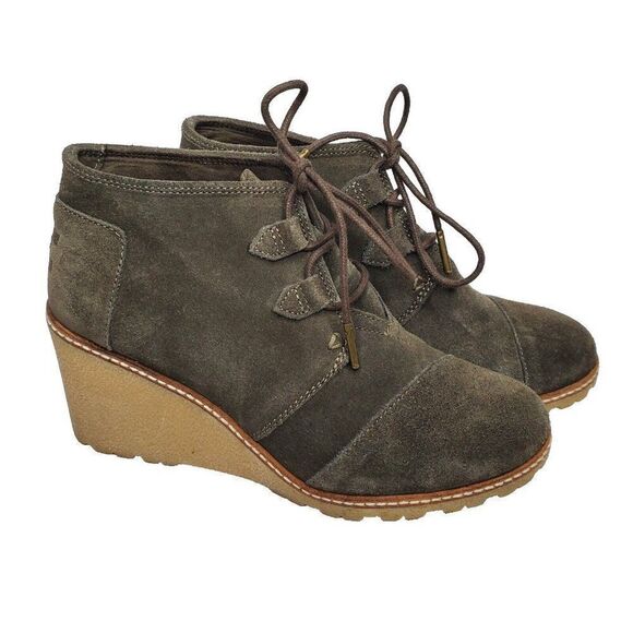 Toms Suede Wedge Bootie 7.5 Ankle Boot Lace Up Dark Green Boho - Picture 1 of 10